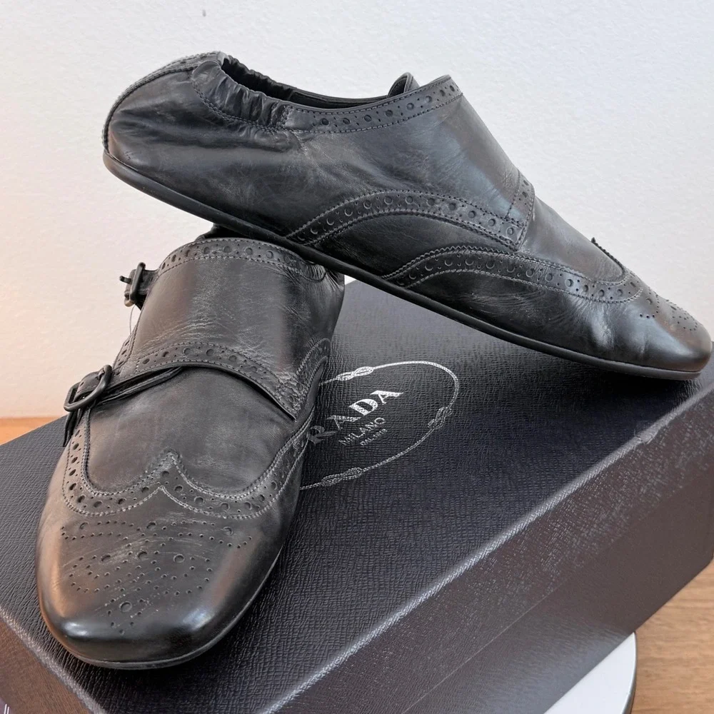 Prada 2EG469 Mens Leather Double Monk Strap Wingtip Shoes Grey Black UK 8